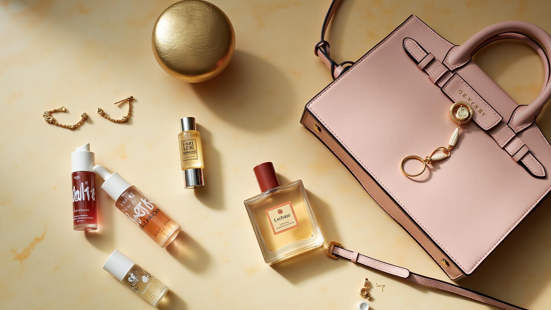 Luxury lifestyle products featuring fashion accessories, perfumes, and designer handbag